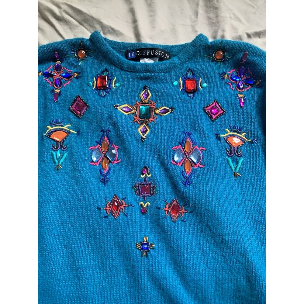 I.B. Diffusion VTG 90's Beaded Silk Blend Angora Sweater Women's Size M Blue